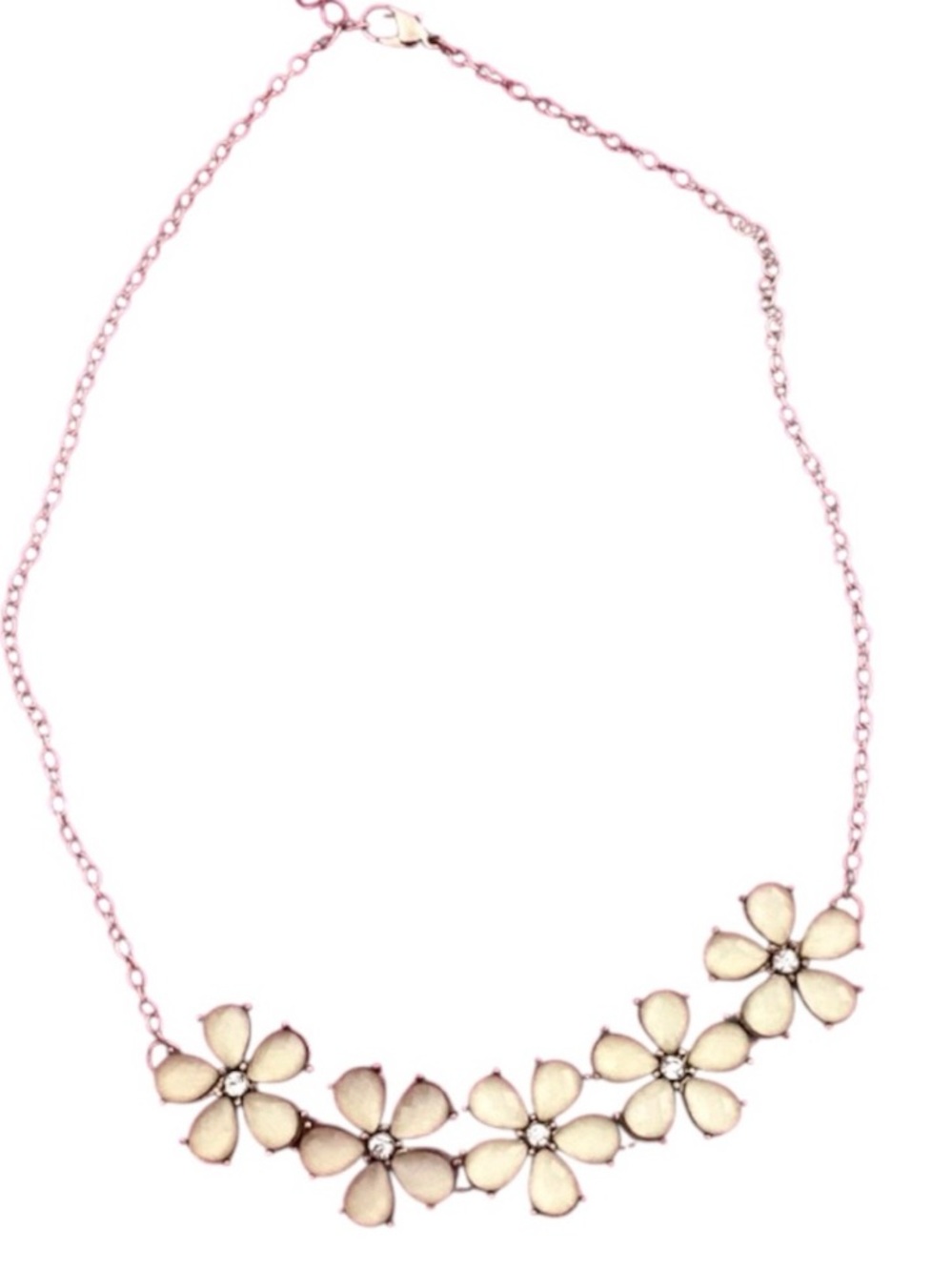 Gold Tone White Enamel Daisy Flower Rhinestone Statement Necklace